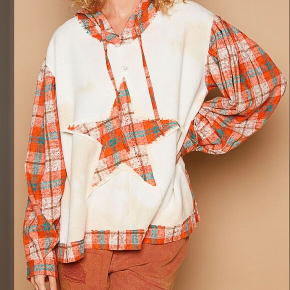 POL Tops - POL Orange Plaid Star Hoodie